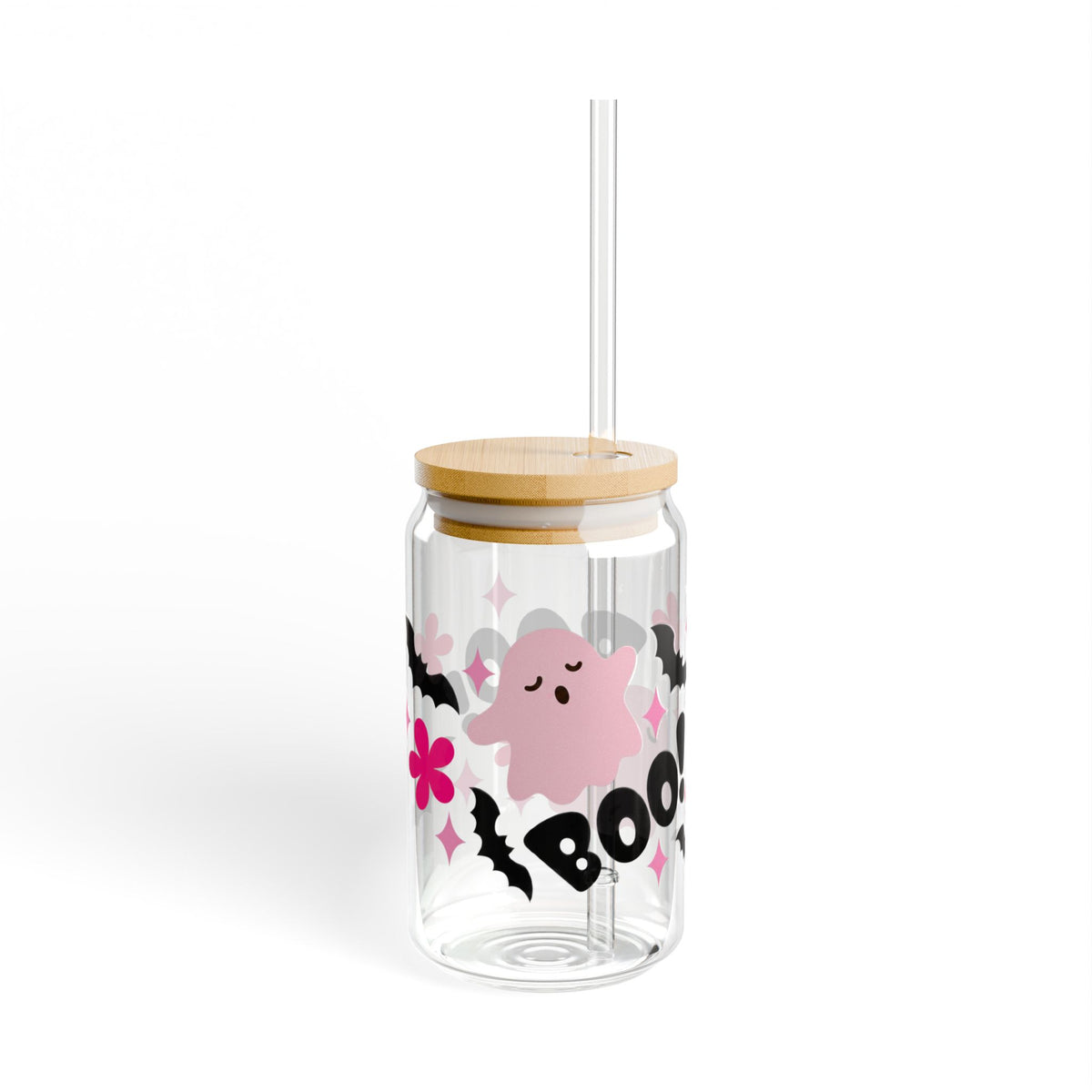 Pink Ghost Boo Sipper Glass | 16oz Halloween Bat Floral Clear Tumbler