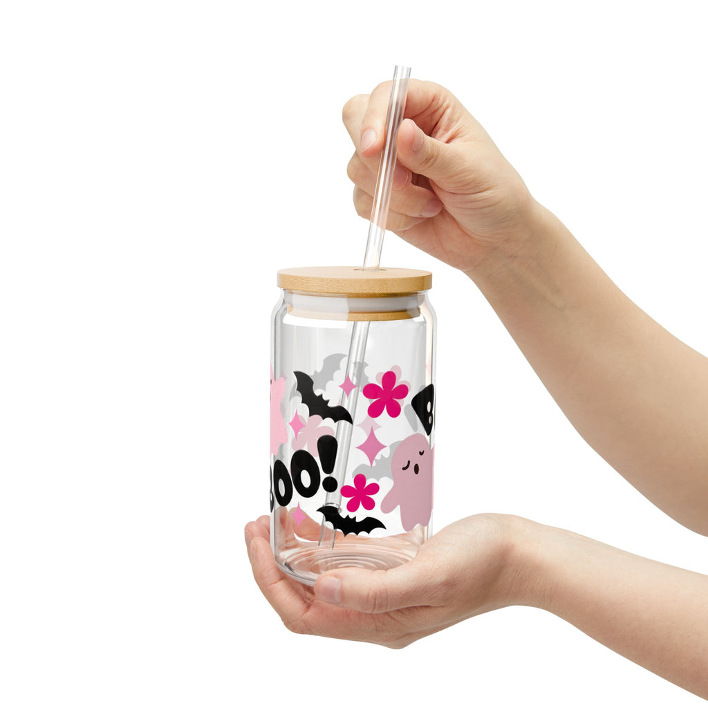 Pink Ghost Boo Sipper Glass | 16oz Halloween Bat Floral Clear Tumbler