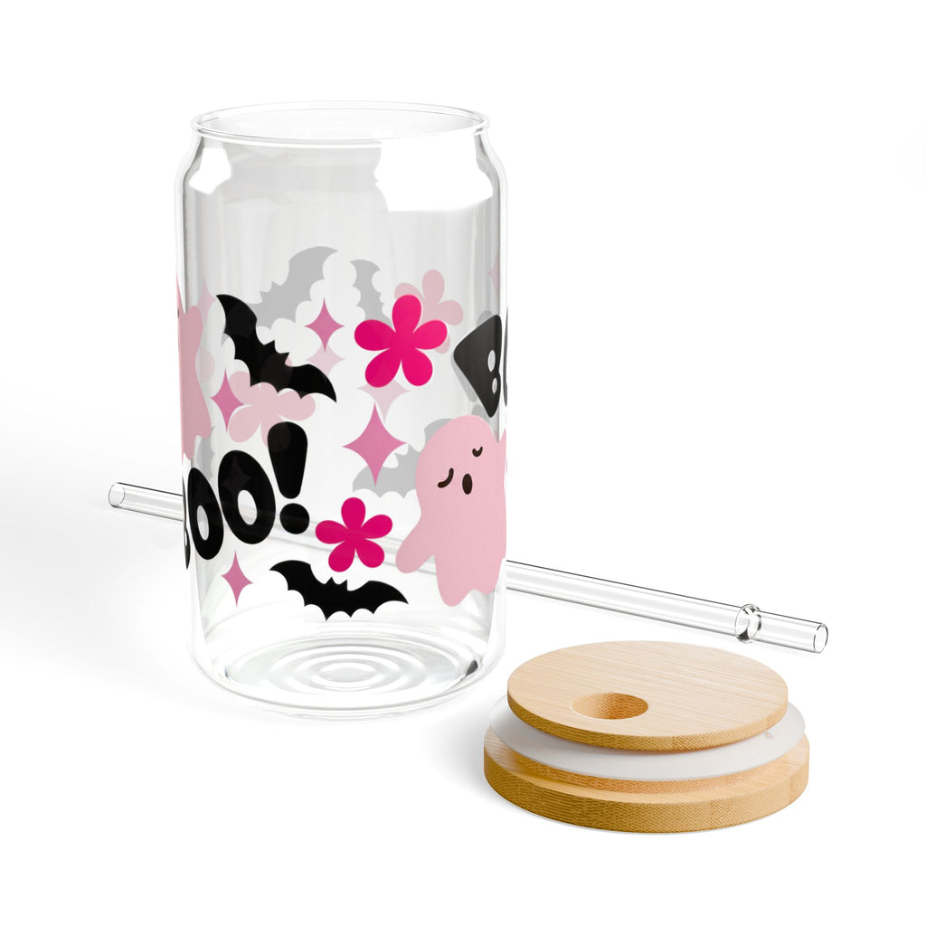 Pink Ghost Boo Sipper Glass | 16oz Halloween Bat Floral Clear Tumbler
