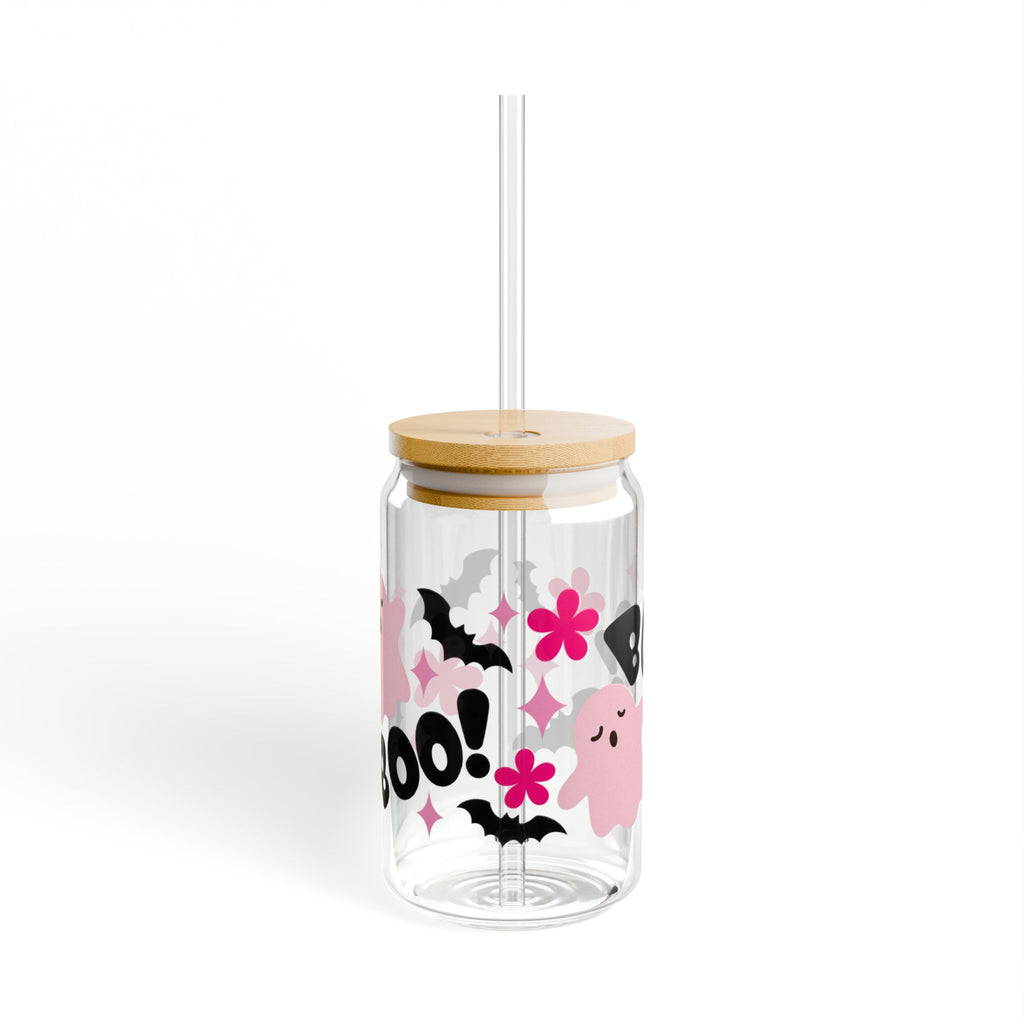 Pink Ghost Boo Sipper Glass | 16oz Halloween Bat Floral Clear Tumbler