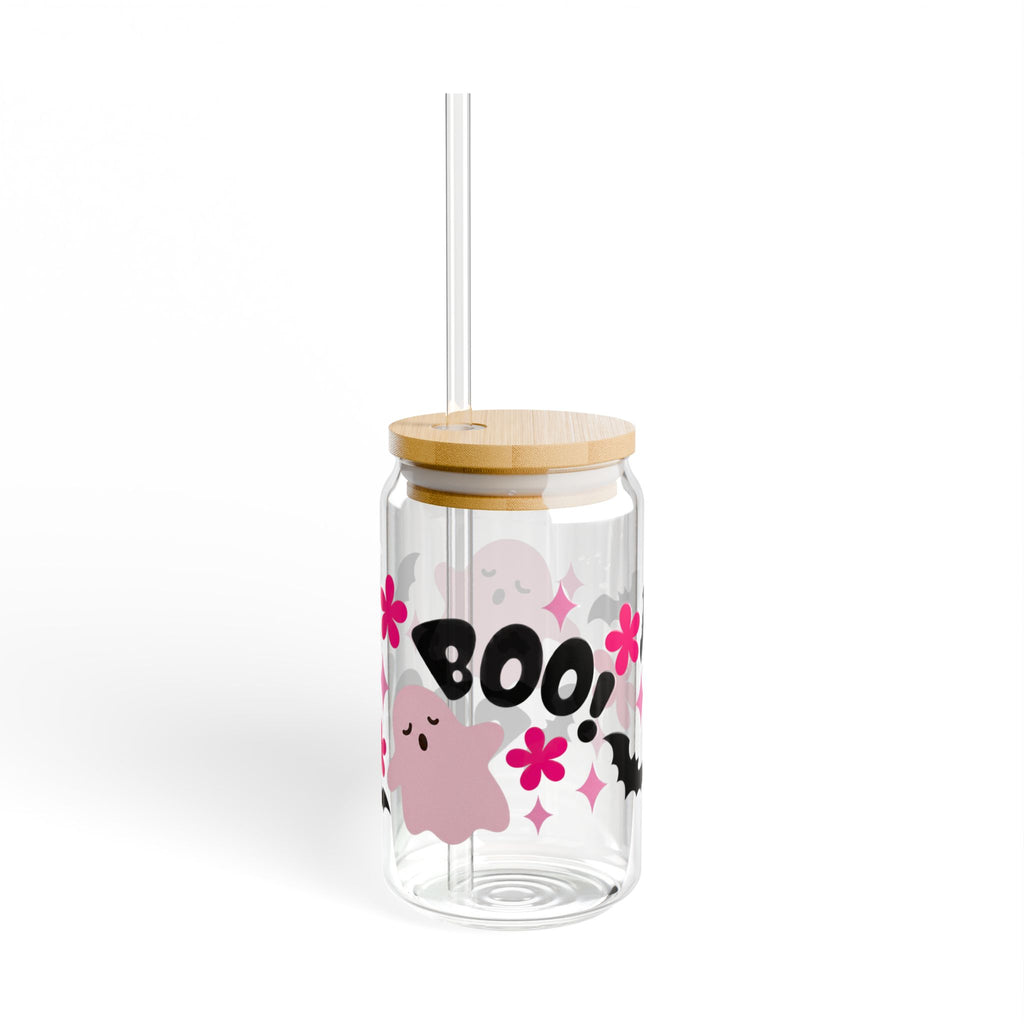 Pink Ghost Boo Sipper Glass | 16oz Halloween Bat Floral Clear Tumbler