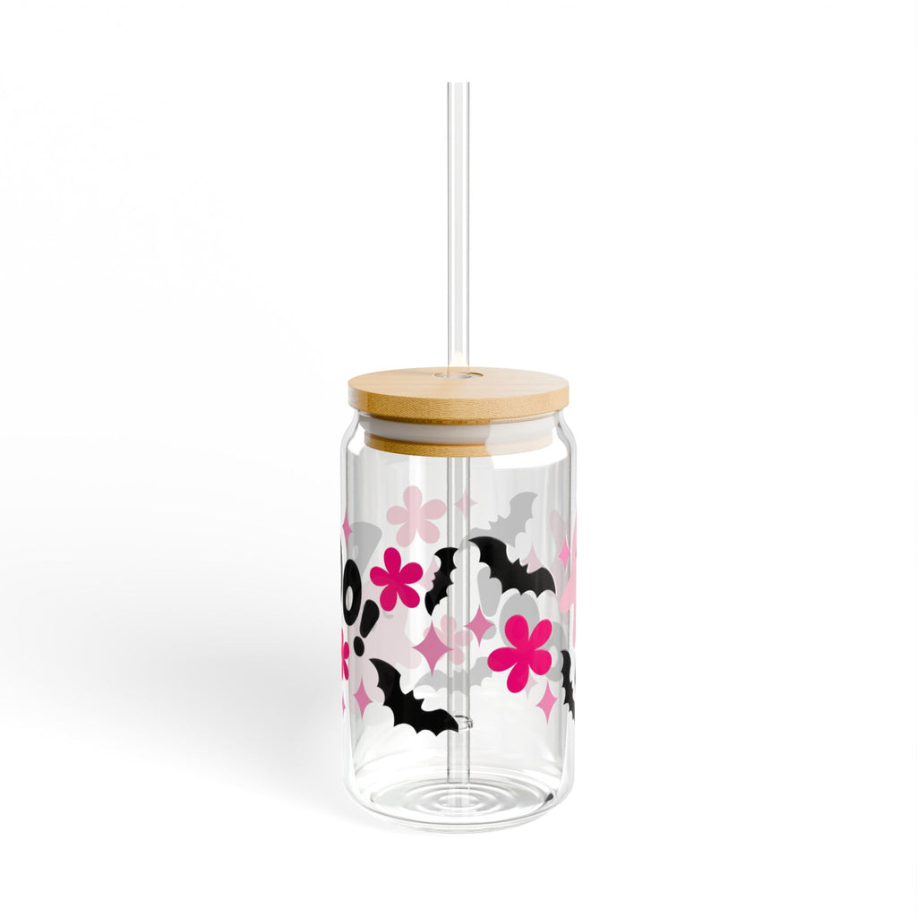 Pink Ghost Boo Sipper Glass | 16oz Halloween Bat Floral Clear Tumbler