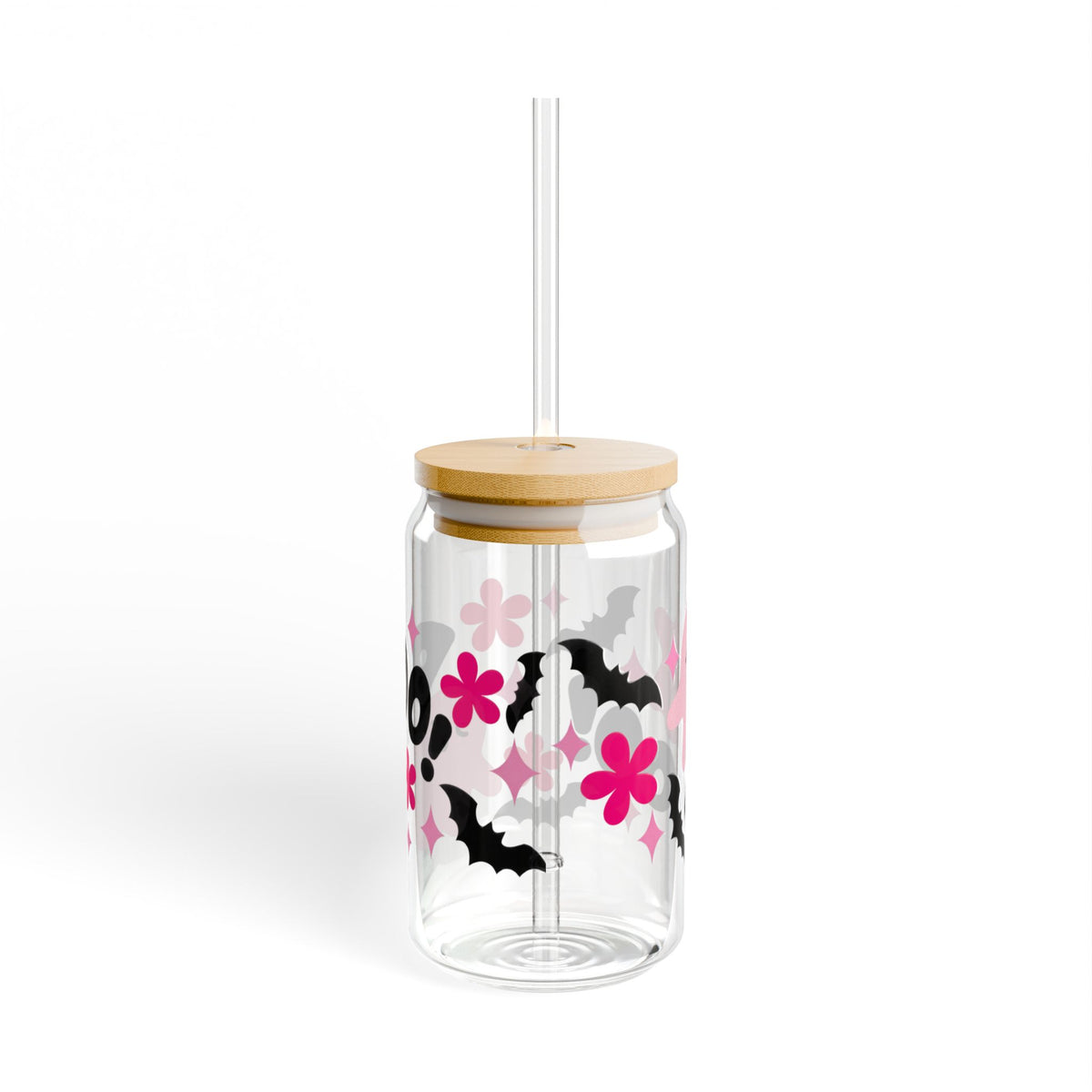 Pink Ghost Boo Sipper Glass | 16oz Halloween Bat Floral Clear Tumbler