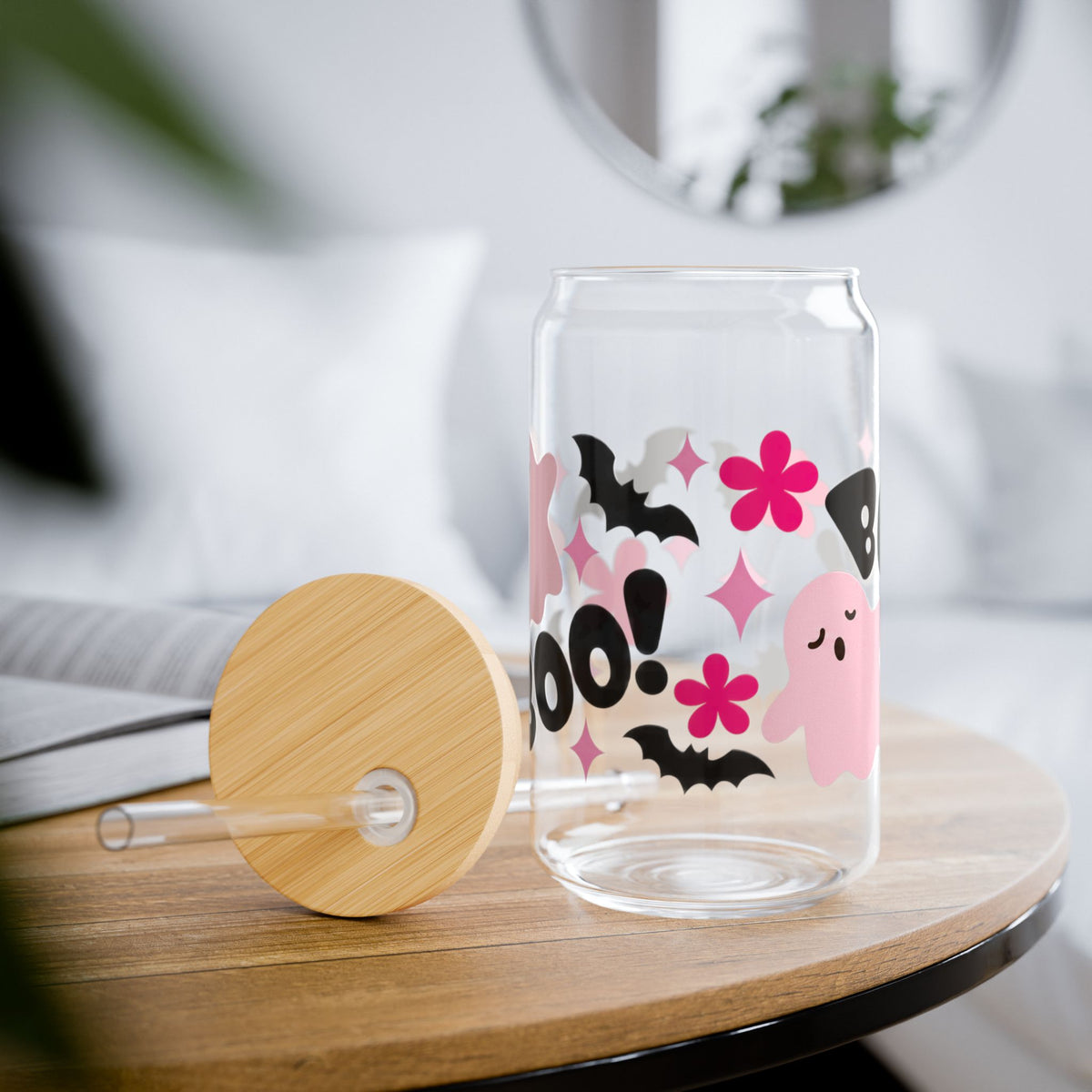 Pink Ghost Boo Sipper Glass | 16oz Halloween Bat Floral Clear Tumbler